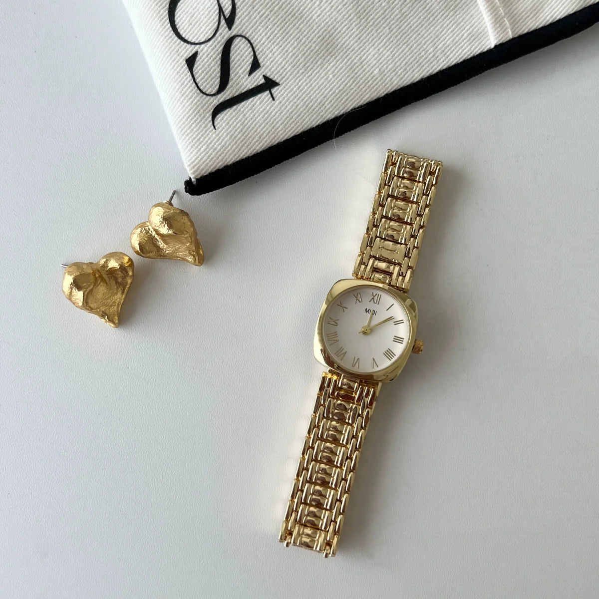 Meena Retro Square Watch - Gold Band White Face