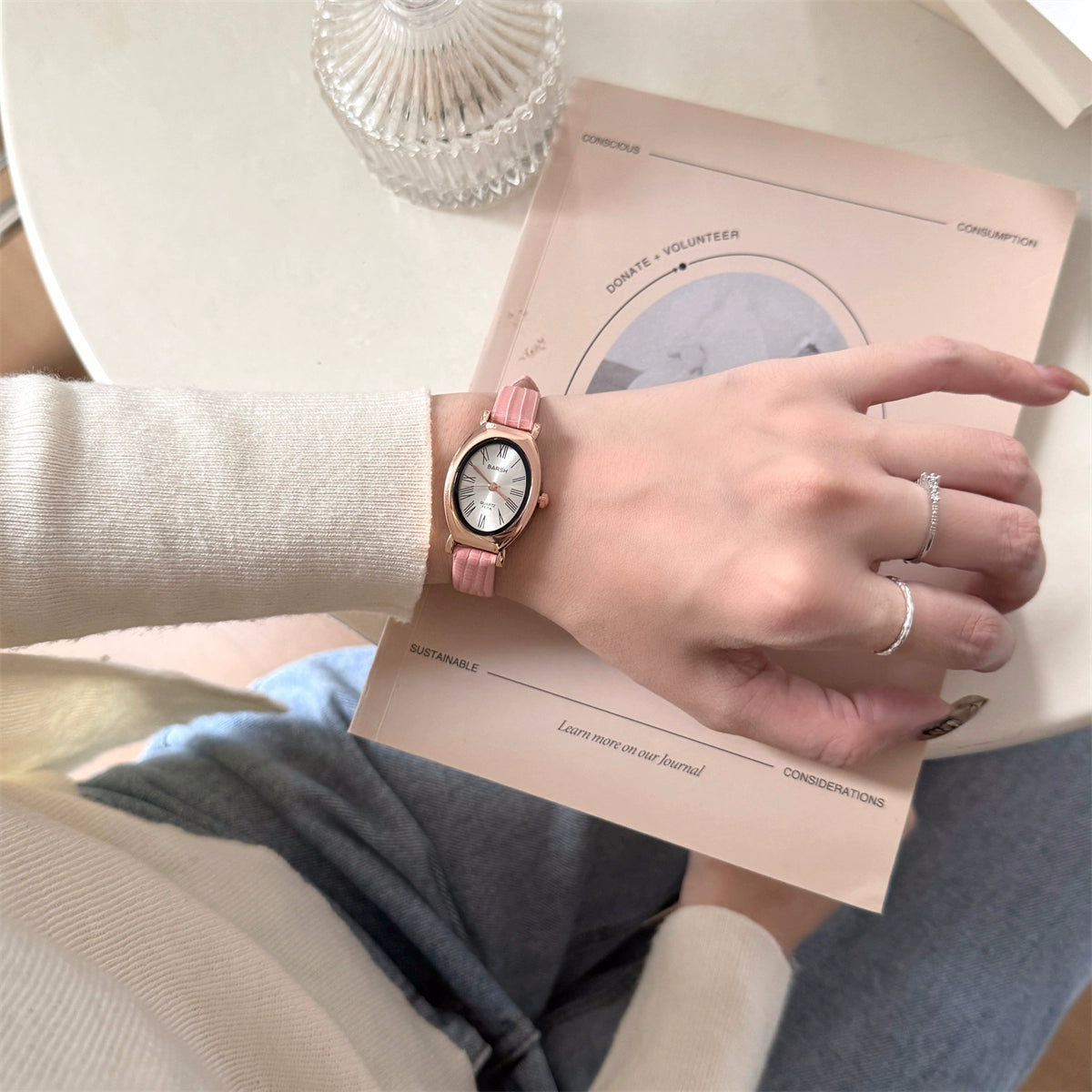 Cataleyah Vintage Oval Watch - Pink Strap, Rose Gold Frame, White Dial [7TY5NS4K]