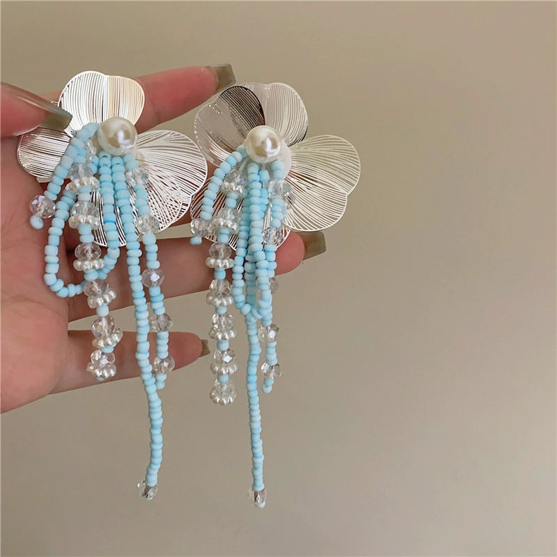 Laylani Floral Beaded Drop Earrings - Silver Floral Tassel [MUN37YSA]