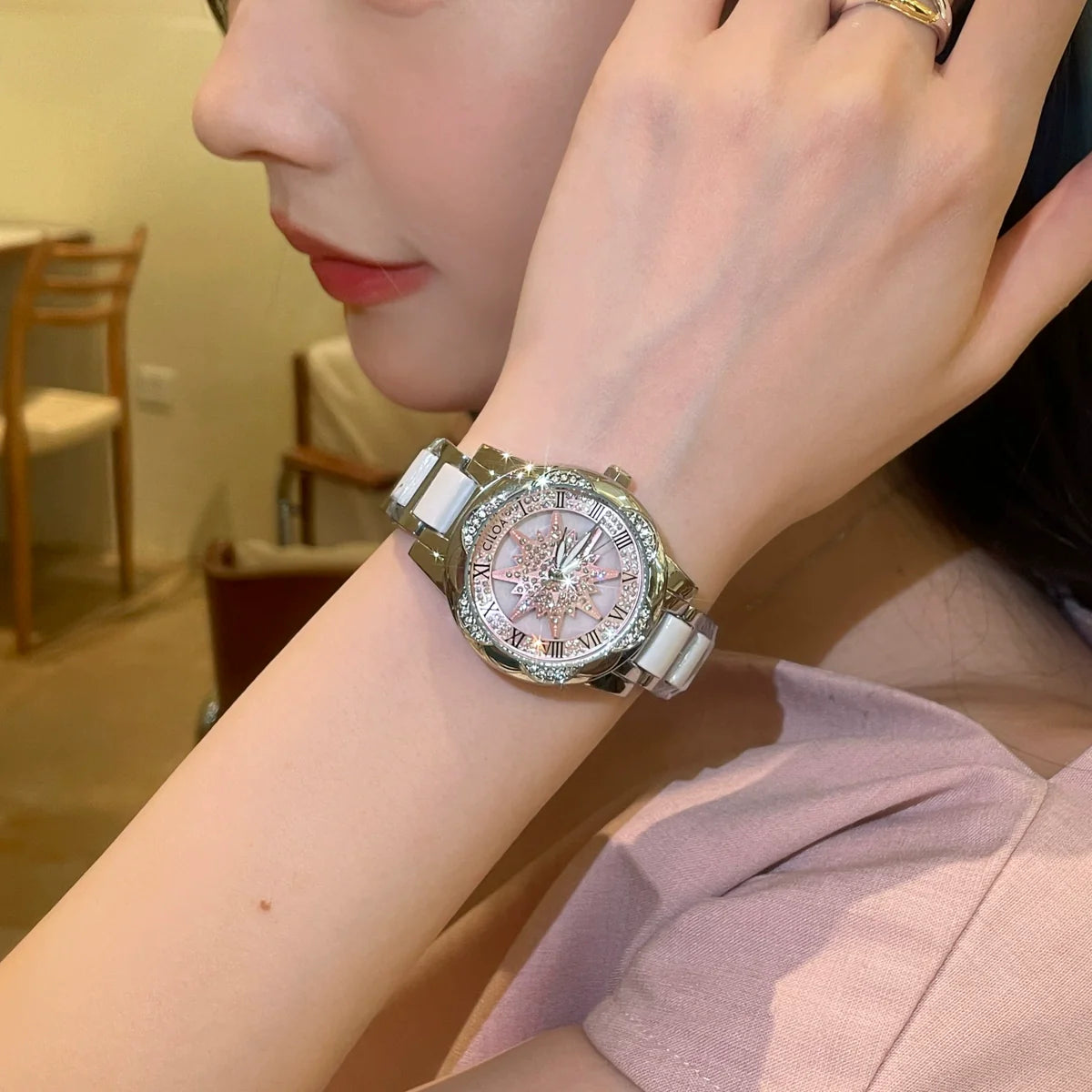 Eastyn Ceramic Rhinestone Watch - Pink Rotating