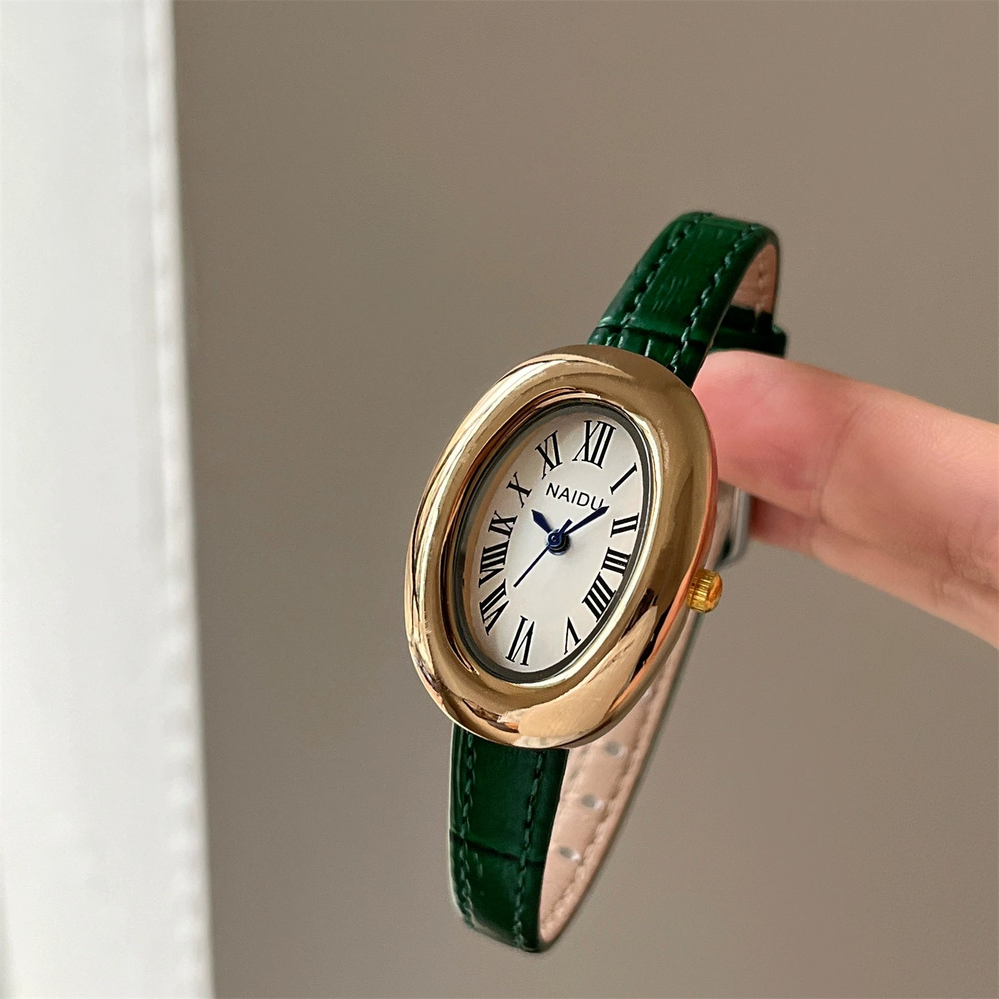 Elyzabeth Oval Retro Watch - Green Leather Gold Frame White Dial Full Roman [EL9G2QNB]