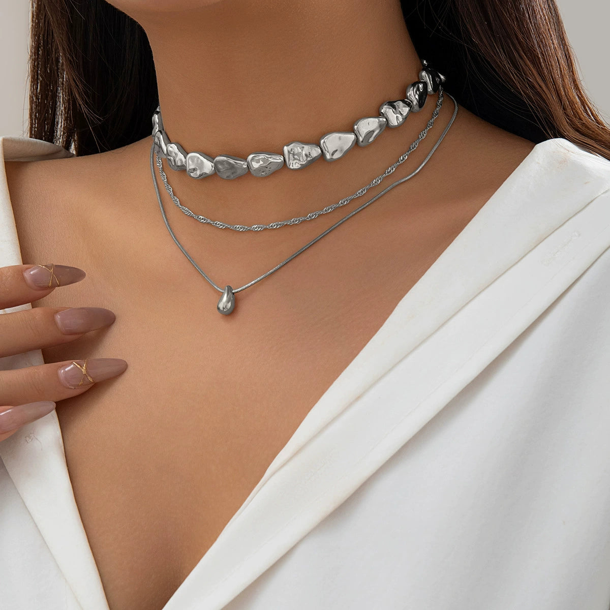 Faiga Sleek Droplet Necklace - Water Drop Silver Tone [CK1J3C60]