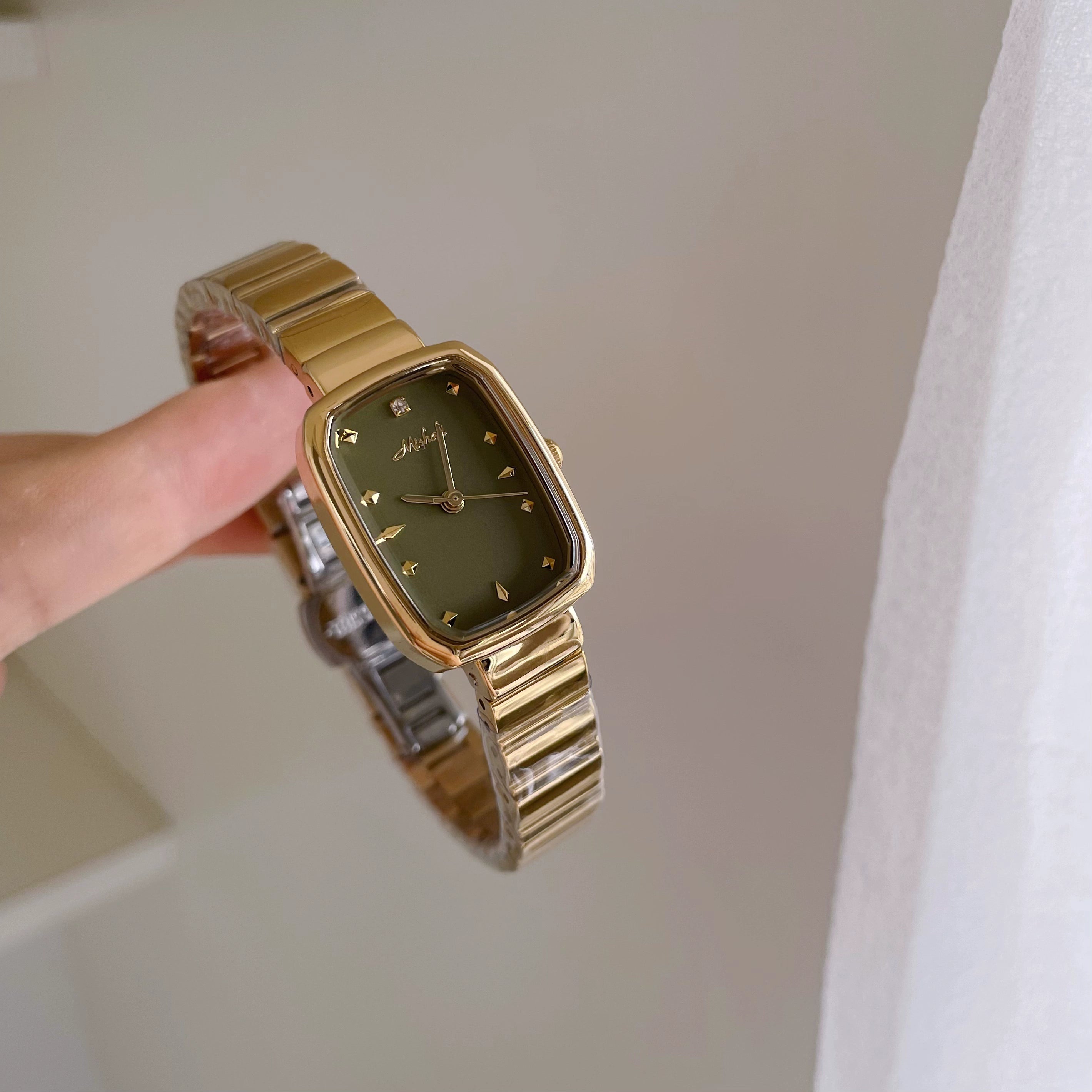 Emma Square Steel Watch - Gold Case Green Dial [YPJID138]