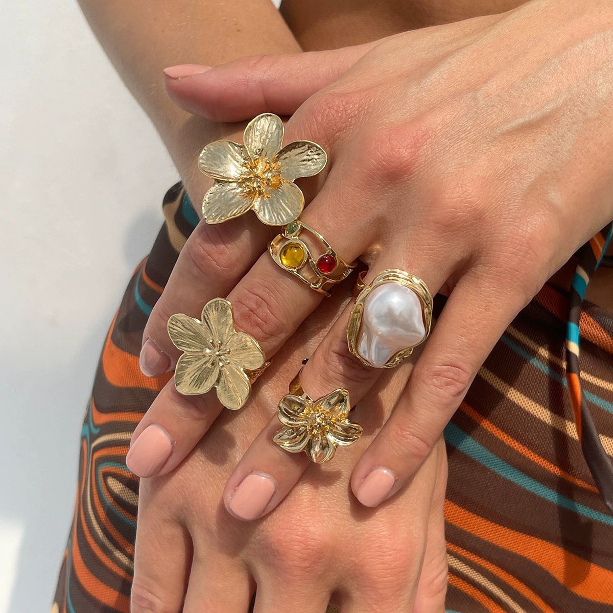 Yanely Baroque Pearl Ring Set - Light Gold 5-Piece Set A [H35MOZ0Q]