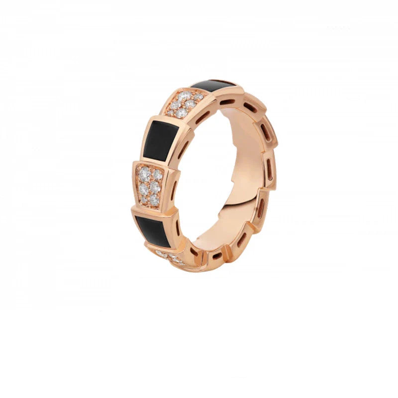 Maylie Serpent Coil Ring - Wide Rose Gold Black Onyx Diamond Serpent