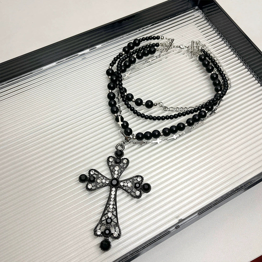 Ajla Layered Pearl Cross Necklace - Double-Layer Pearl Cross Necklace [HHMGVVR0]