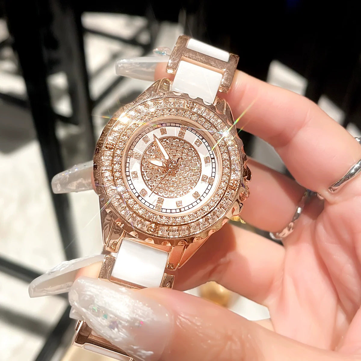 Amie Ceramic Elegance Watch - Rose Gold White with Diamond Embellished