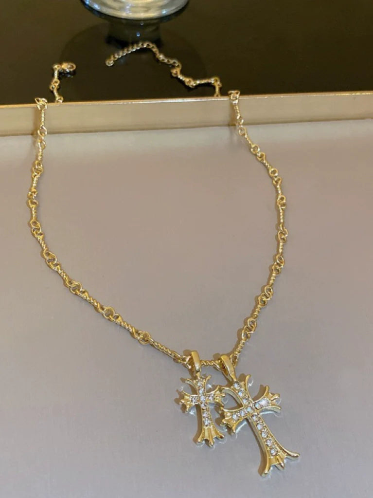 Scarlet Twin Cross Necklace - Double Cross Necklace (Gold)