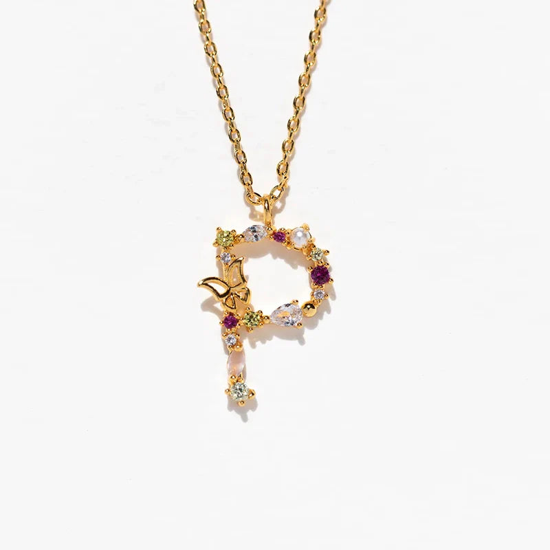 Joelle Golden Butterfly Initial Necklace - P Initial