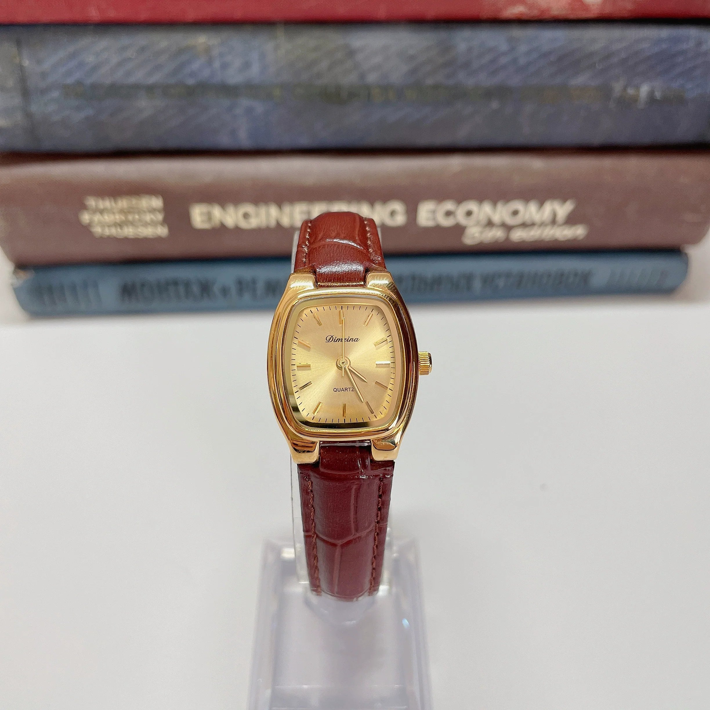 Britney Tonneau Leather Watch - Gold Dial Brown Strap