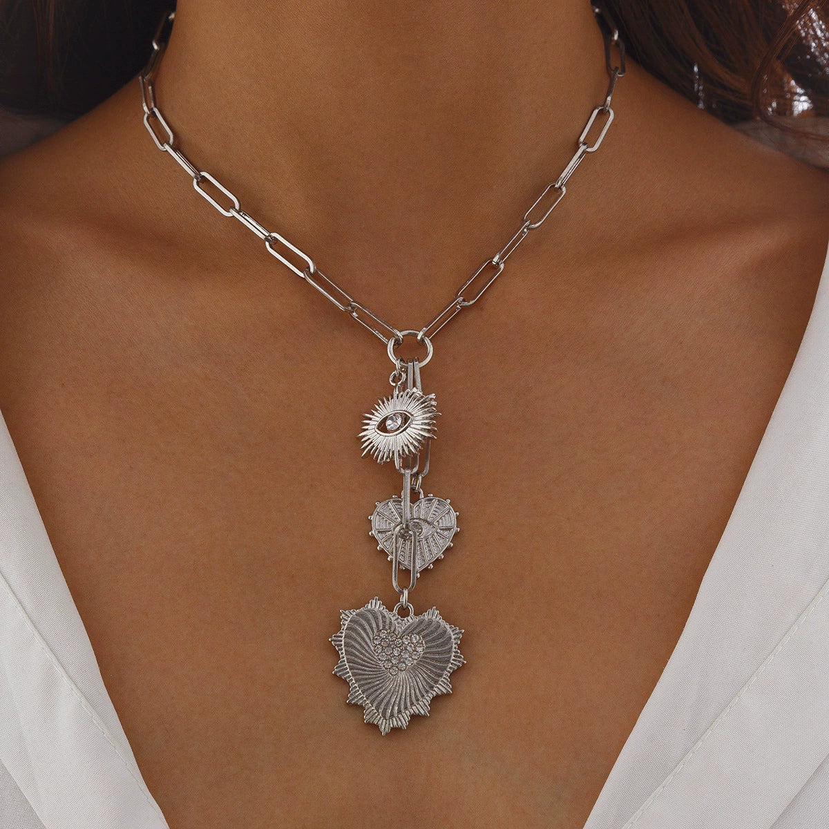 Izabela Pavé Heart Eye Necklace - Silver [CWBJ275D]