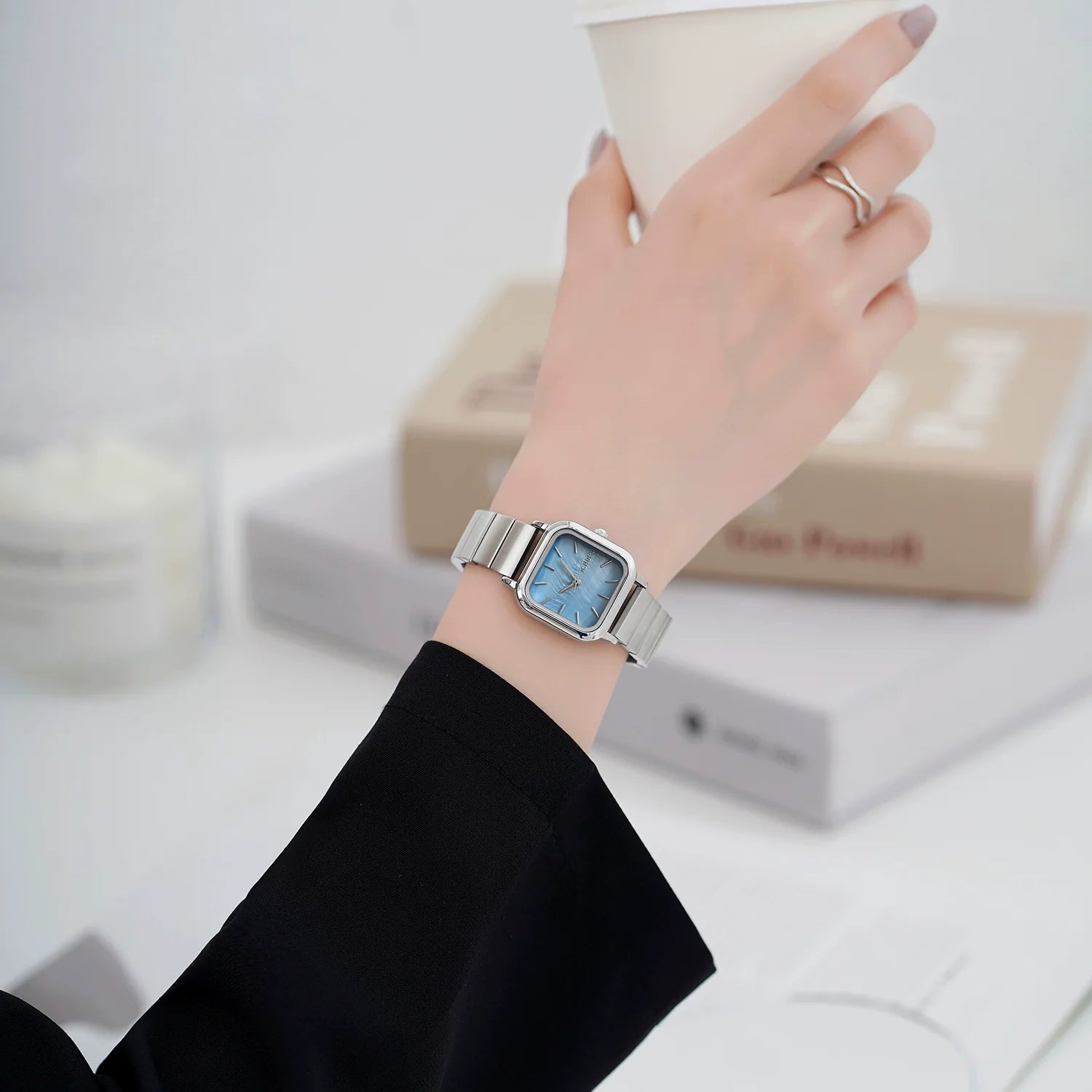 Halina Elegant Square Quartz Watch - Mother-of-Pearl Blue