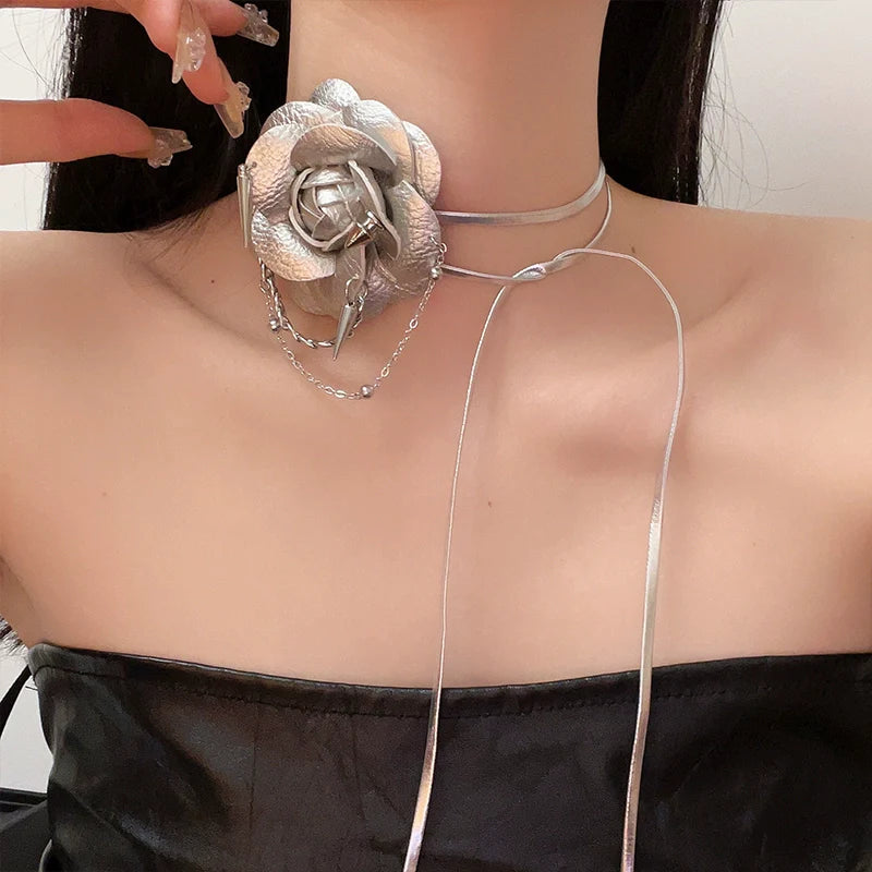 Sakura Silver Camellia Tie Necklace - Silver Flower Necklace