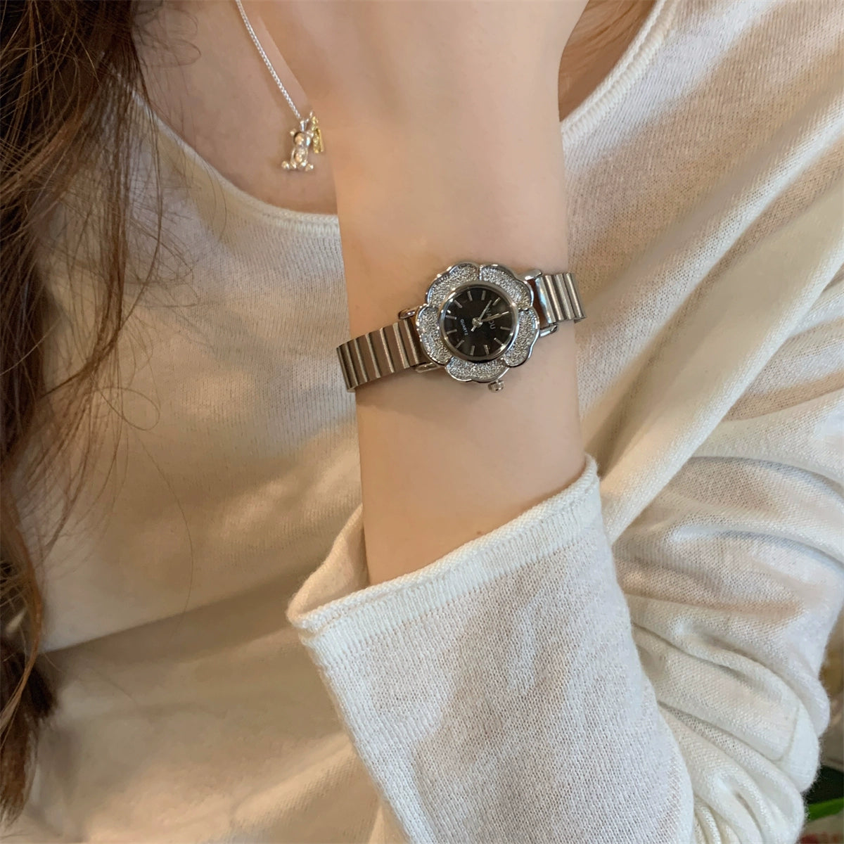 Rochelle Camellia Bloom Watch - Silver with Black Dial [PMVW94LR]