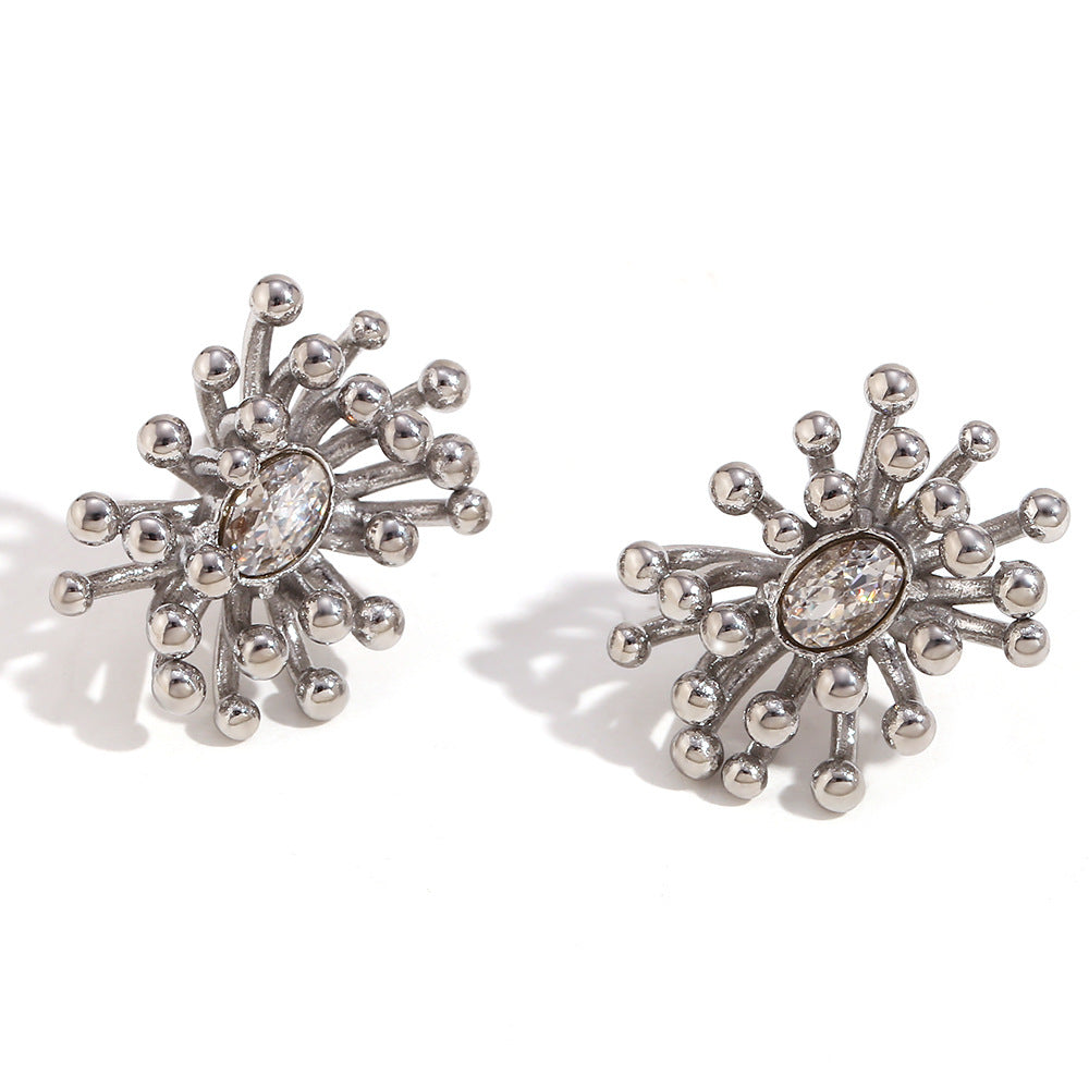 Amberley Hammered Geometric Earrings - Oval Zircon Firework Stud Earrings - Steel [SLHR96LK]