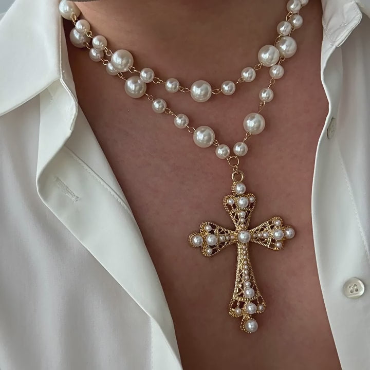 Daenerys Layered Pearl Cross Necklace