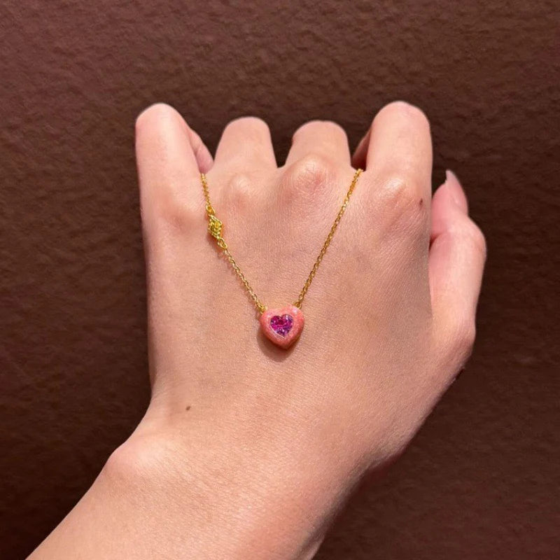 Aaliyah Pink Enamel Heart Necklace