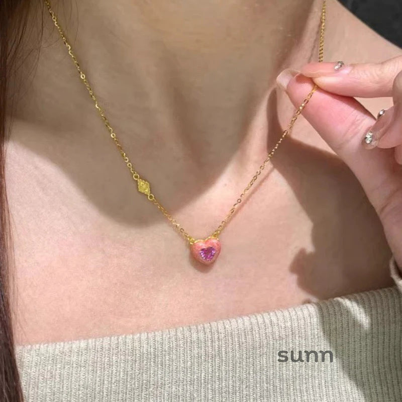 Aaliyah Pink Enamel Heart Necklace