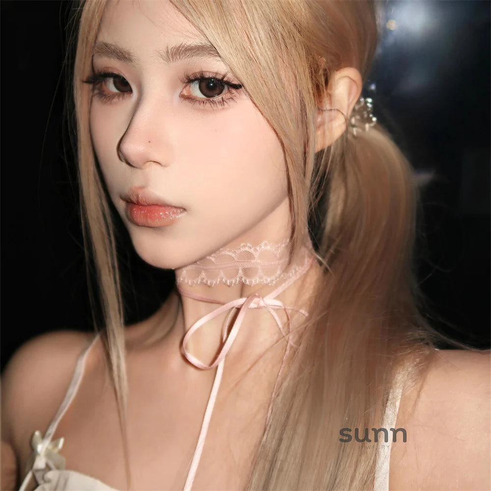Aaliyah Pink Lace Bow Choker