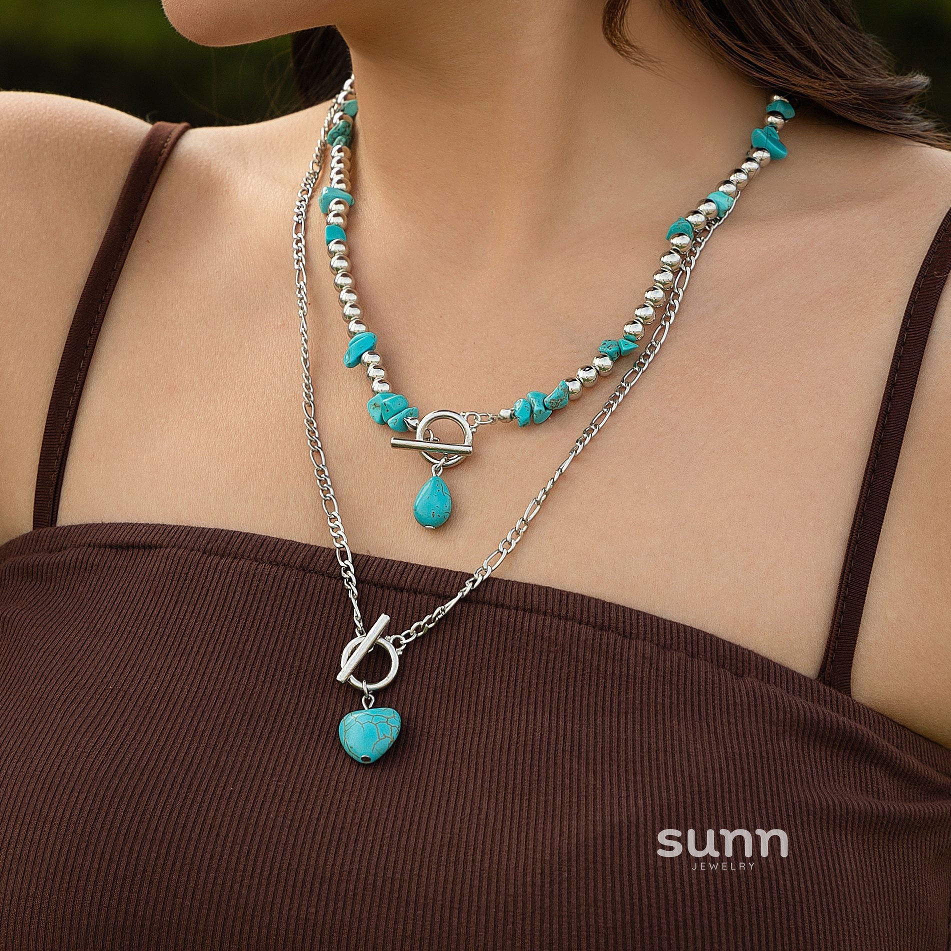 Abi Layered Turquoise Heart Necklace [P5Y9SOIK]