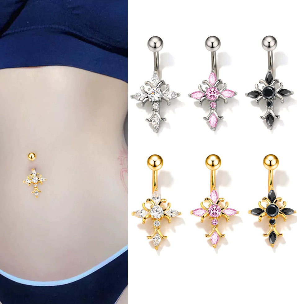 Adya Zircon Cross Belly Ring - Black (18k Gold Plated) [Z22S092M]