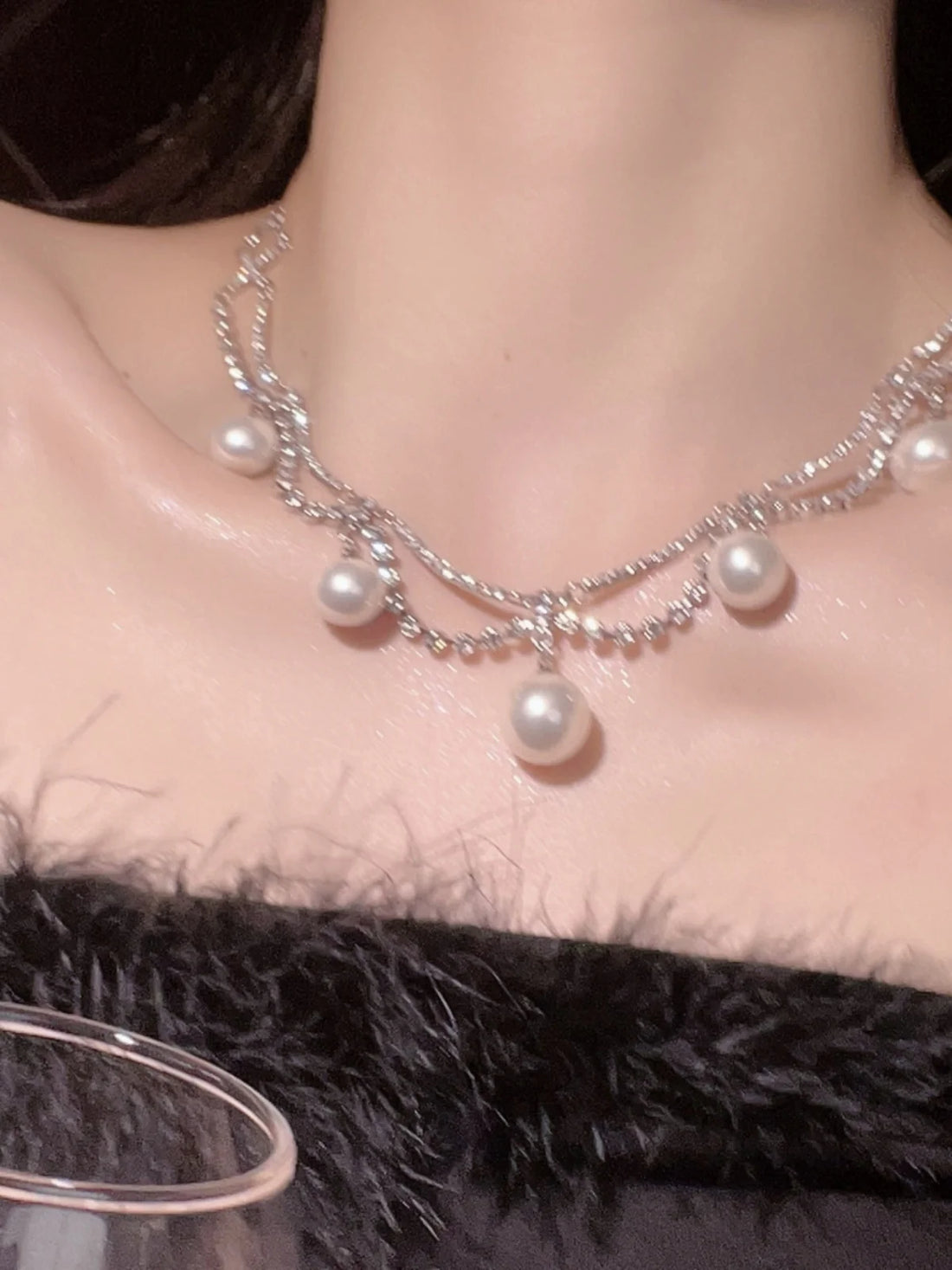 Ailis Layered Pearl Rhinestone Necklace