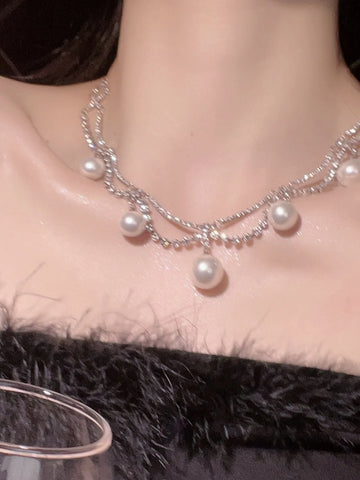 Ailis Layered Pearl Rhinestone Necklace