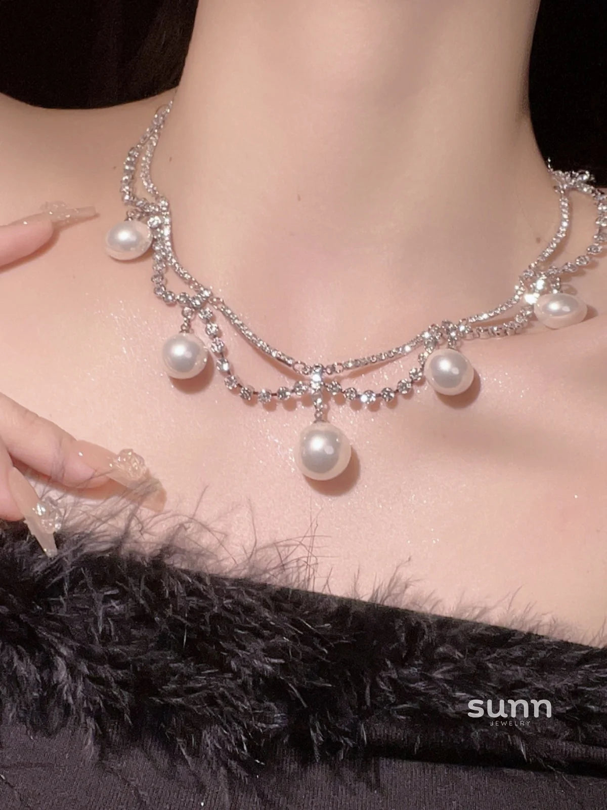 Ailis Layered Pearl Rhinestone Necklace