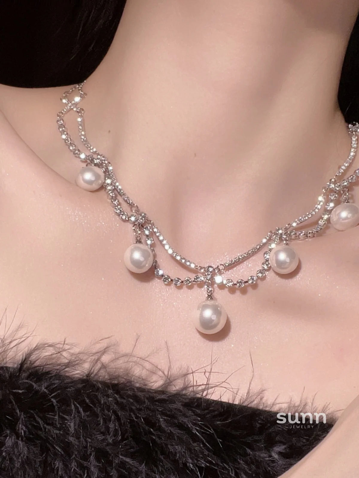 Ailis Layered Pearl Rhinestone Necklace