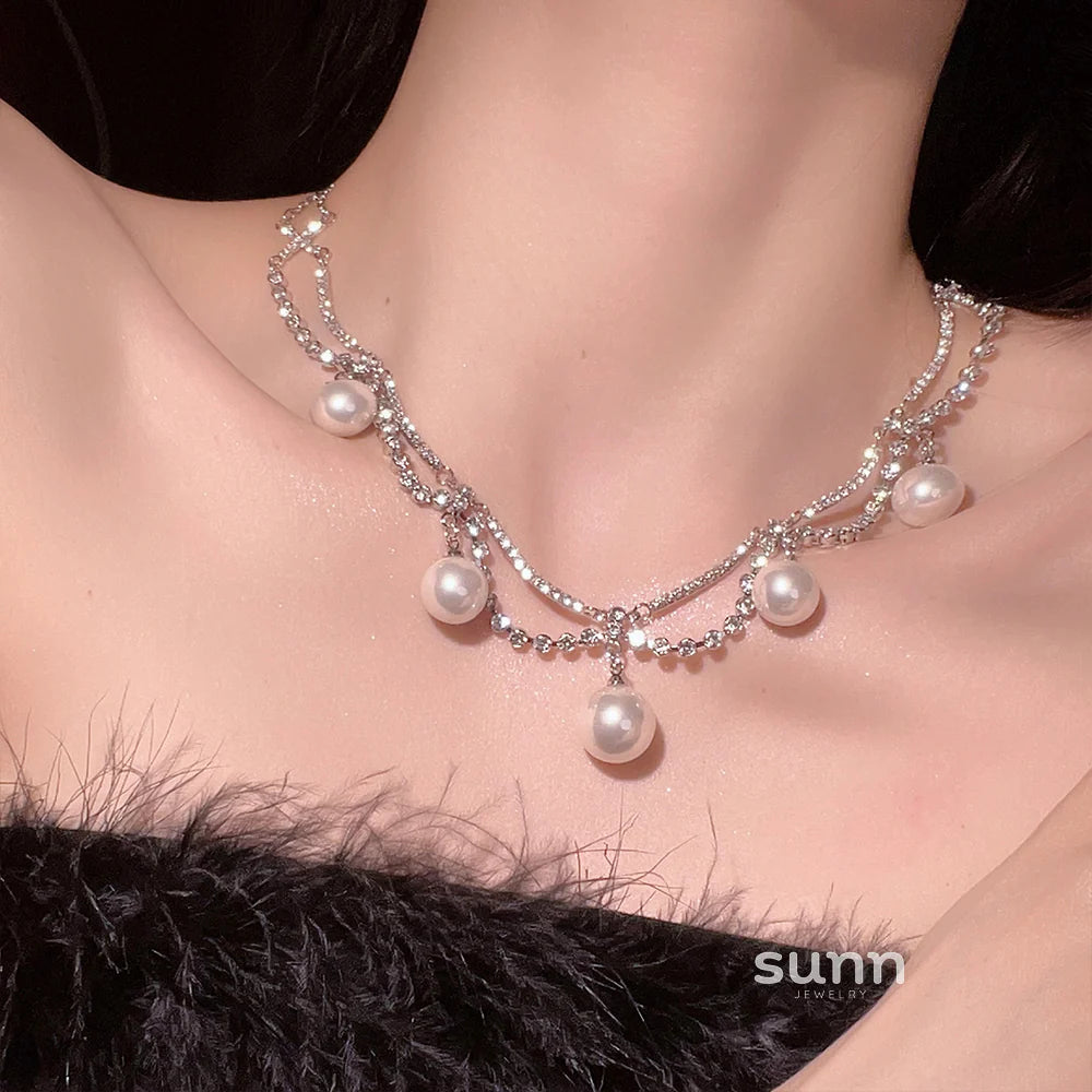 Ailis Layered Pearl Rhinestone Necklace