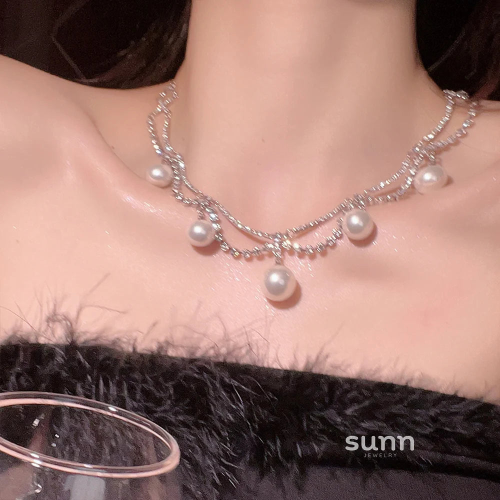 Ailis Layered Pearl Rhinestone Necklace