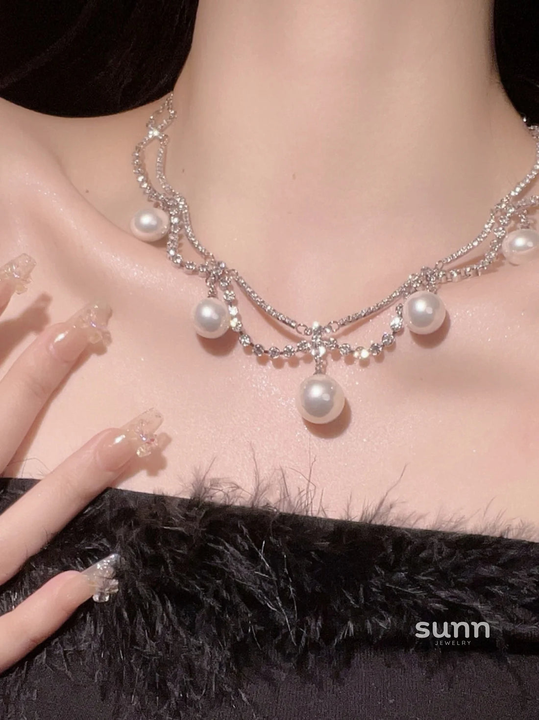 Ailis Layered Pearl Rhinestone Necklace