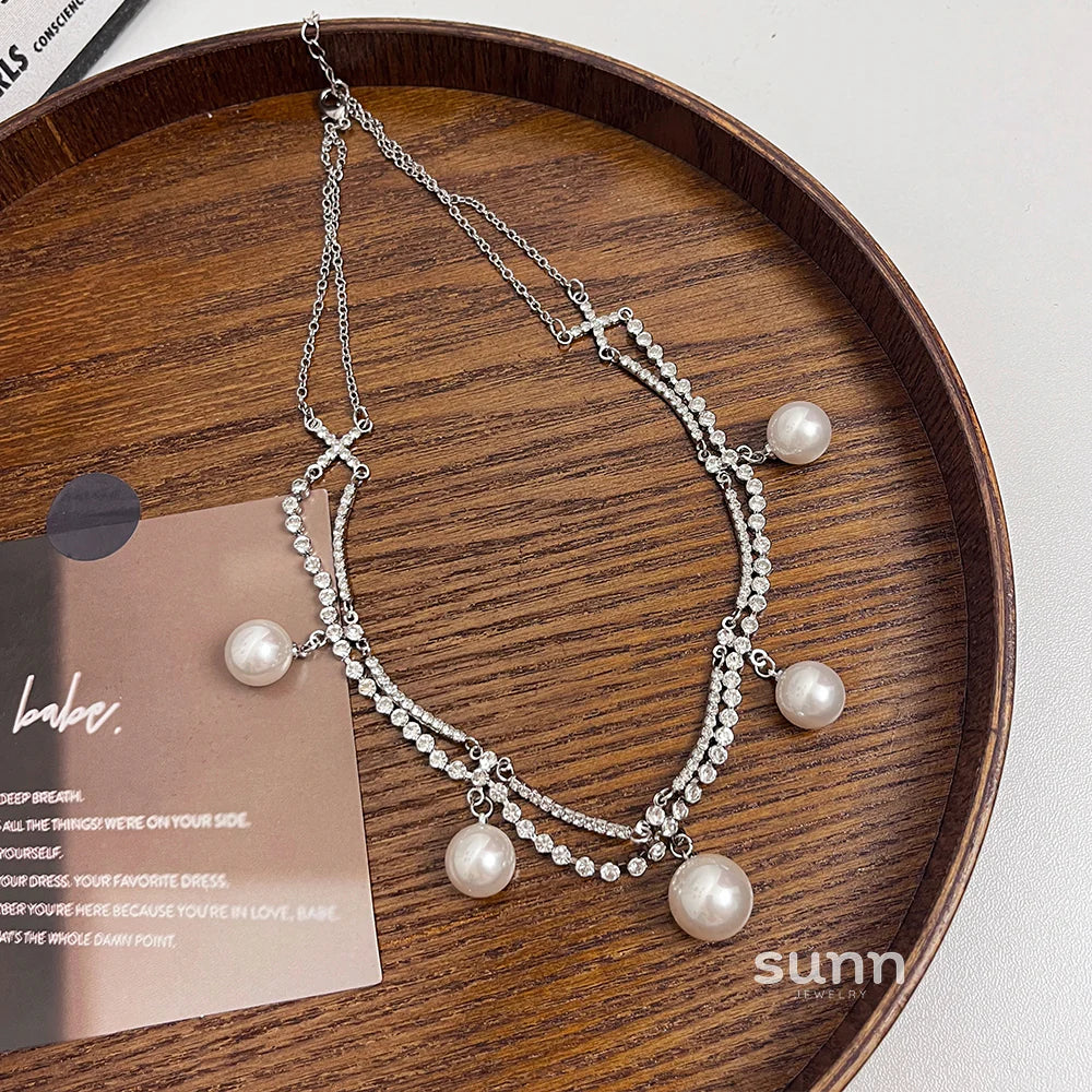 Ailis Layered Pearl Rhinestone Necklace