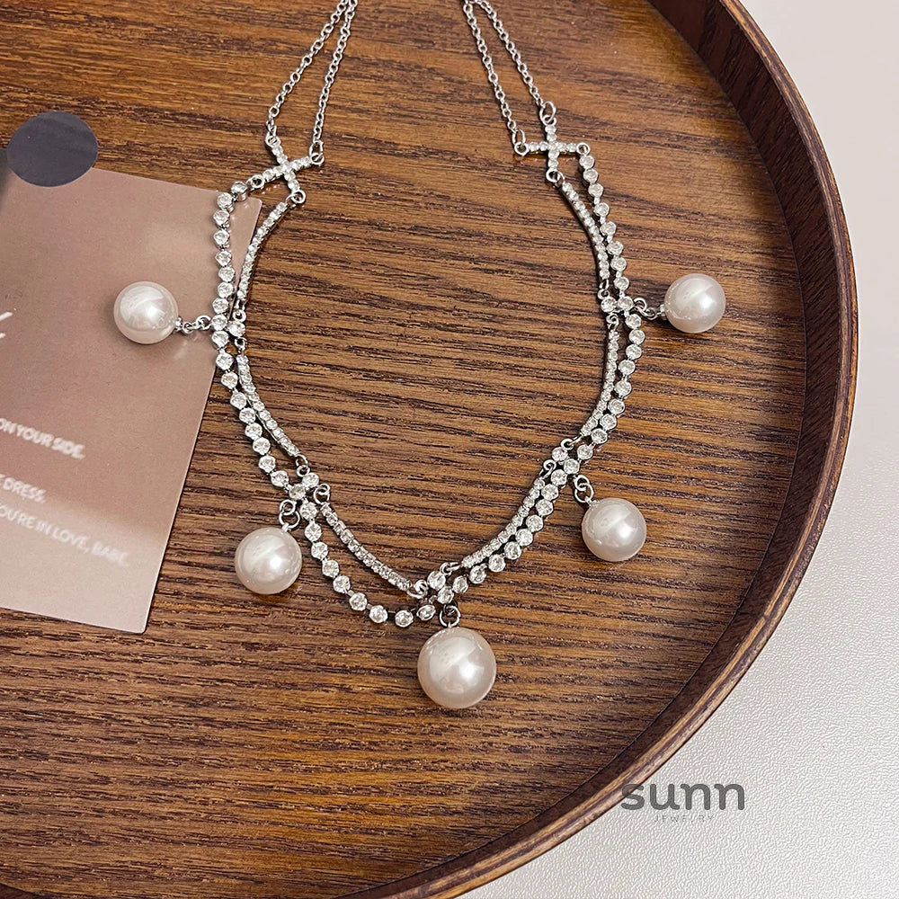 Ailis Layered Pearl Rhinestone Necklace