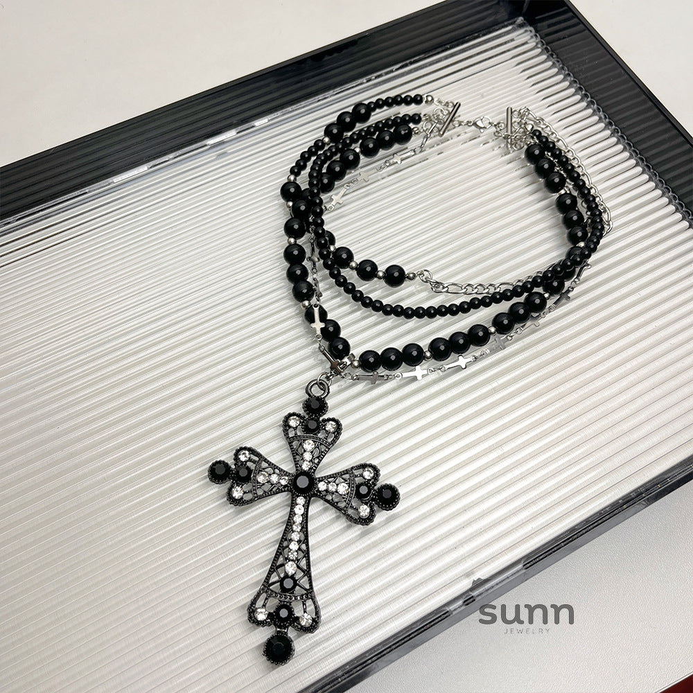 Ajla Layered Pearl Cross Necklace [1HLJC71S]
