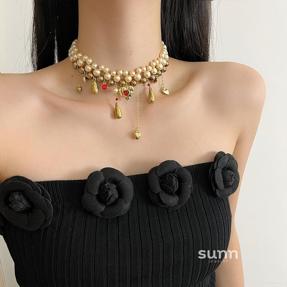 Amalia Retro Pearl Heart Choker [4BXF06LE]