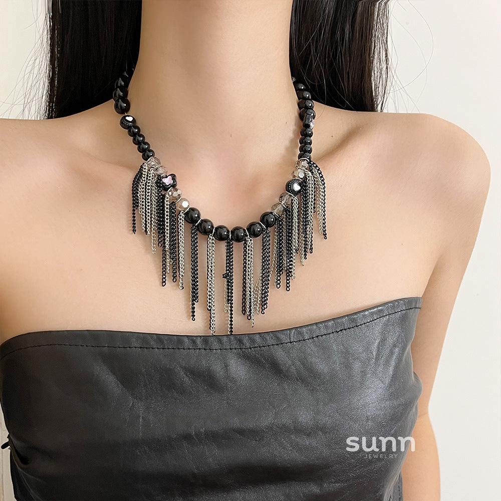 America Dark Crystal Tassel Necklace [7TPI6I30]