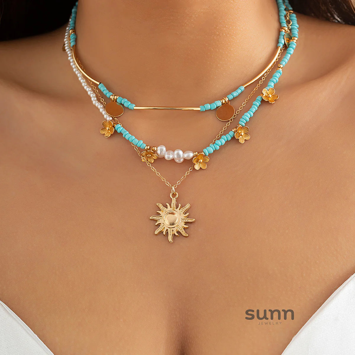 Analeigh Layered Sunflower Pearl Necklace