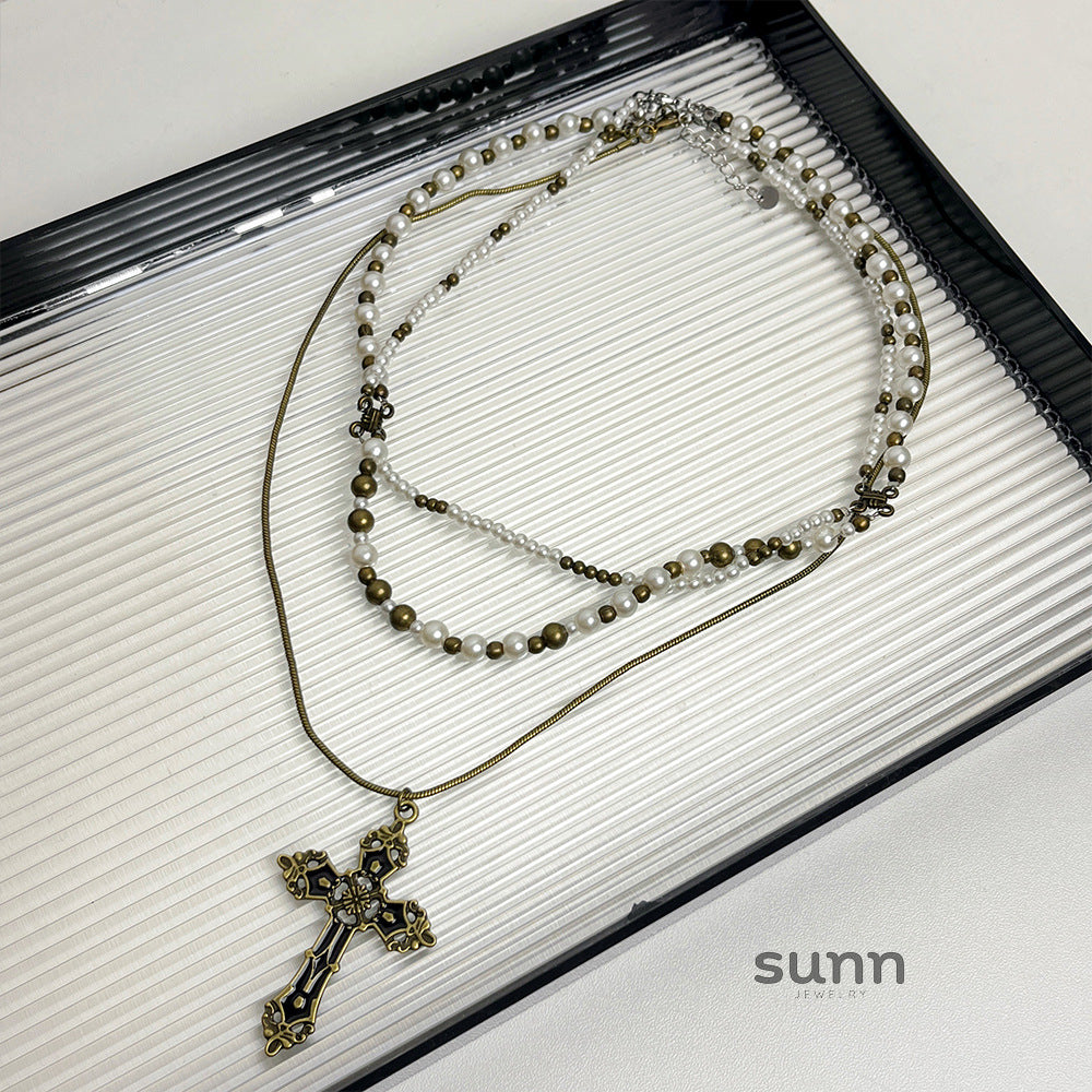 Anorah Regal Pearl Cross Necklace [QQKF311T]
