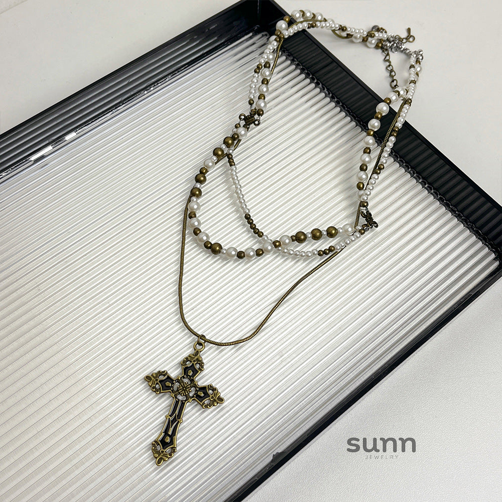 Anorah Regal Pearl Cross Necklace [UC45BLMK]