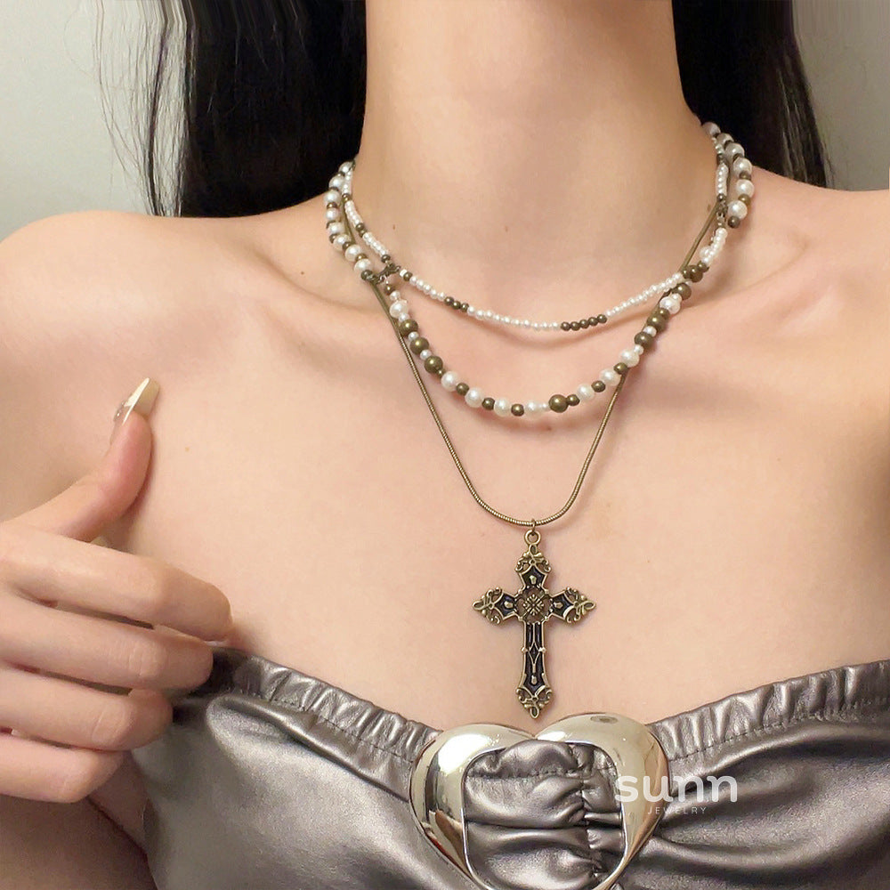 Anorah Regal Pearl Cross Necklace [G4OJN17R]
