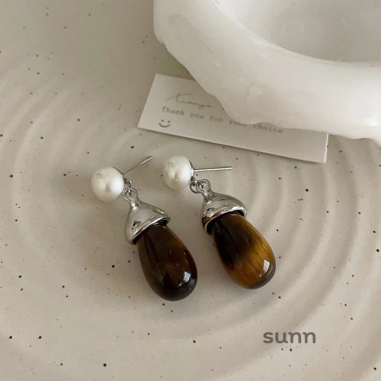 Anslee Tiger Eye Pearl Drop Earrings