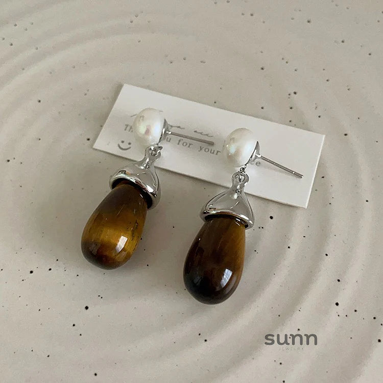 Anslee Tiger Eye Pearl Drop Earrings