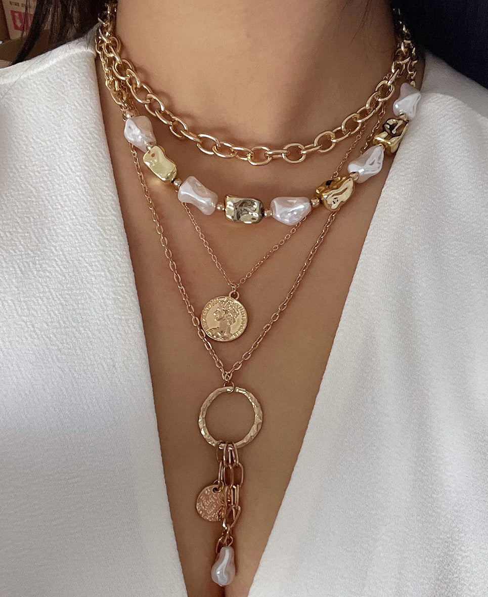 Arina Layered Pearl Portrait Necklace [R3JGC87B]