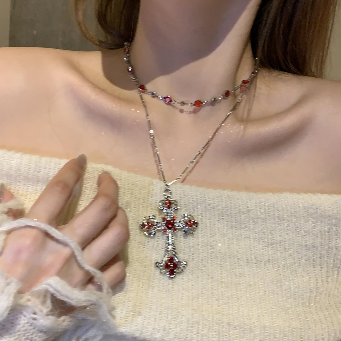 Asra Red Cross Layered Choker [UDFTDW0L]