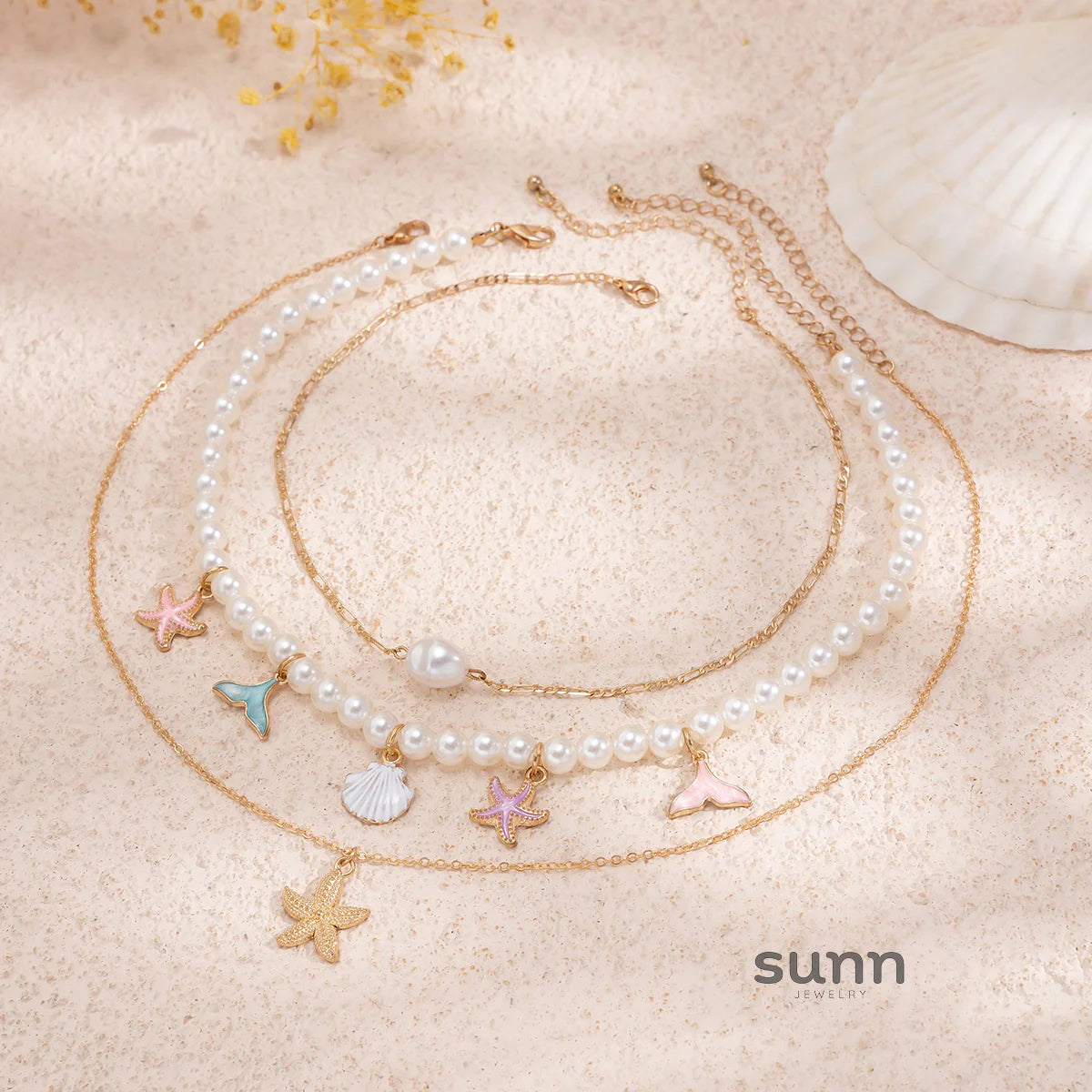 Assata Layered Pearl Starfish Necklace Set