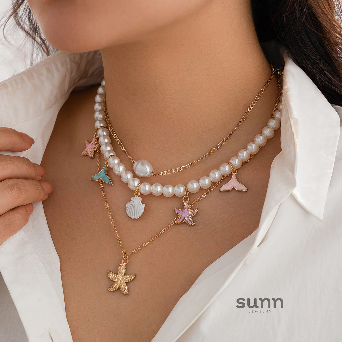 Assata Layered Pearl Starfish Necklace Set