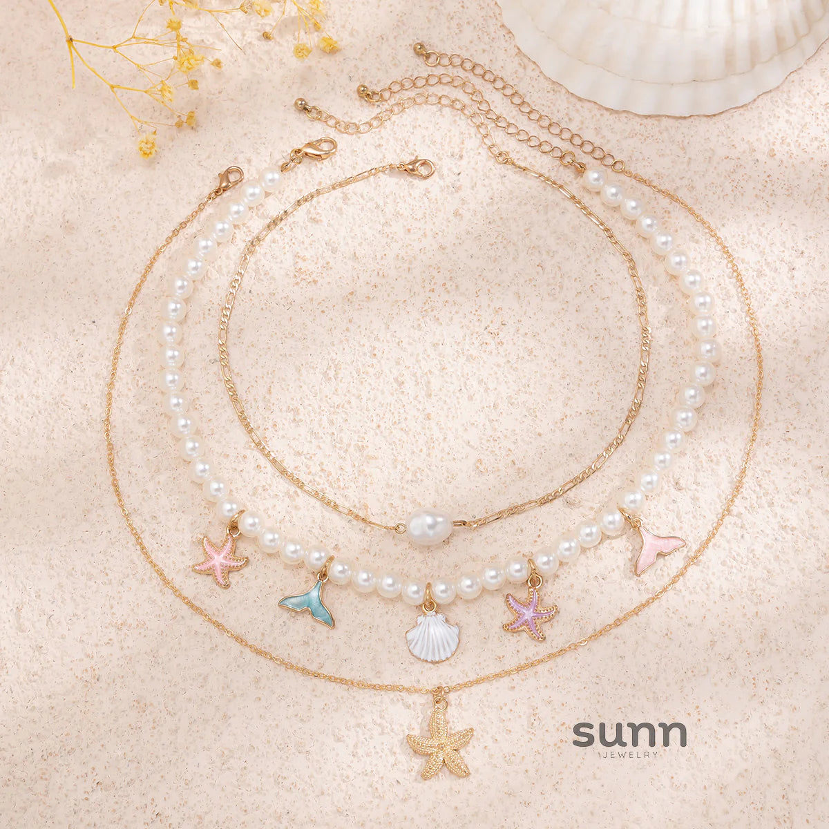 Assata Layered Pearl Starfish Necklace Set