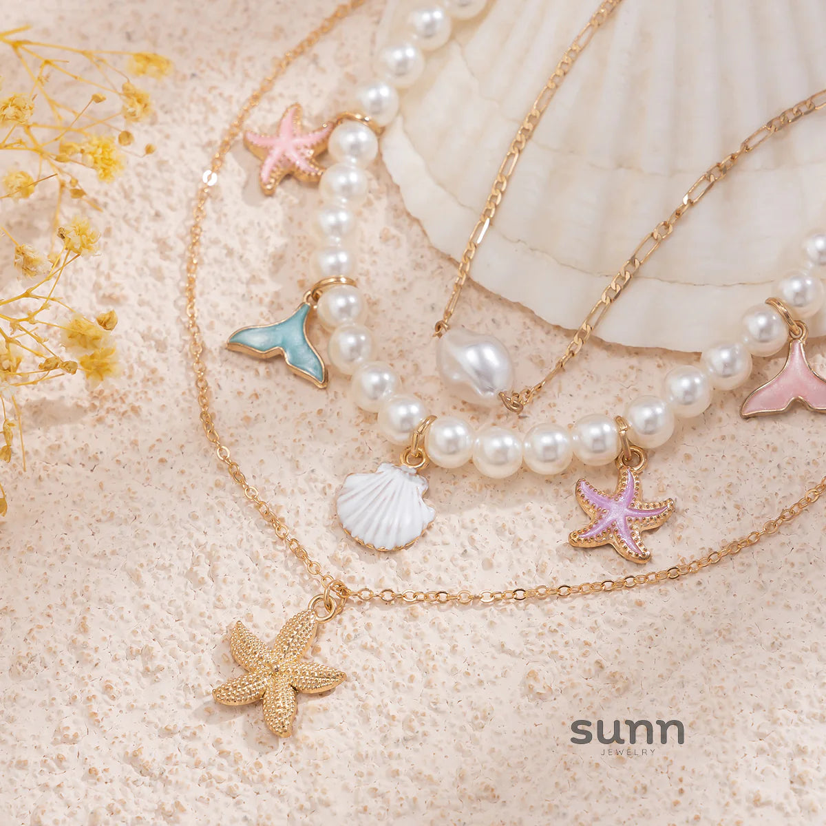 Assata Layered Pearl Starfish Necklace Set