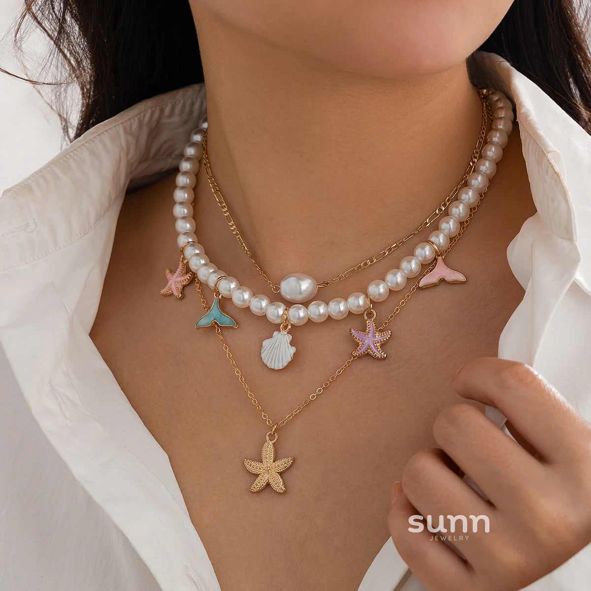 Assata Layered Pearl Starfish Necklace Set